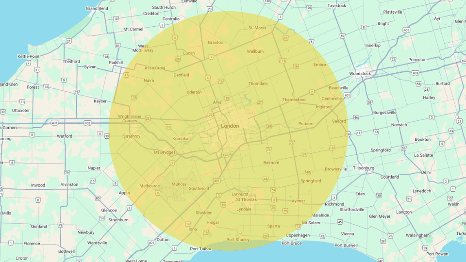 NV Renovation service coverage map – London Ontario, St. Thomas, Woodstock, Ingersoll and nearby cities